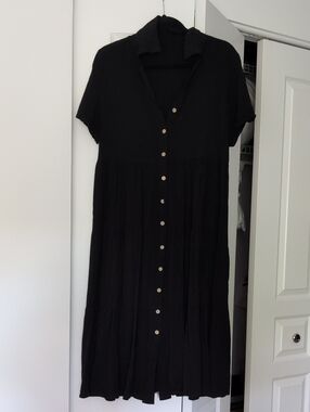Black Button-Front Midi Shirt Dress
